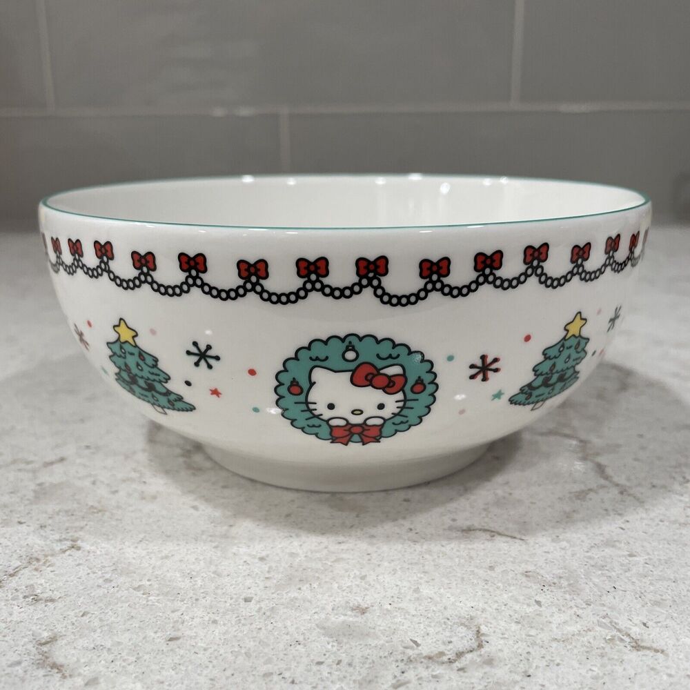 Sanrio Hello Kitty Ceramic Dinner Bowl 6” Christmas Green Tree Dress Snowflake